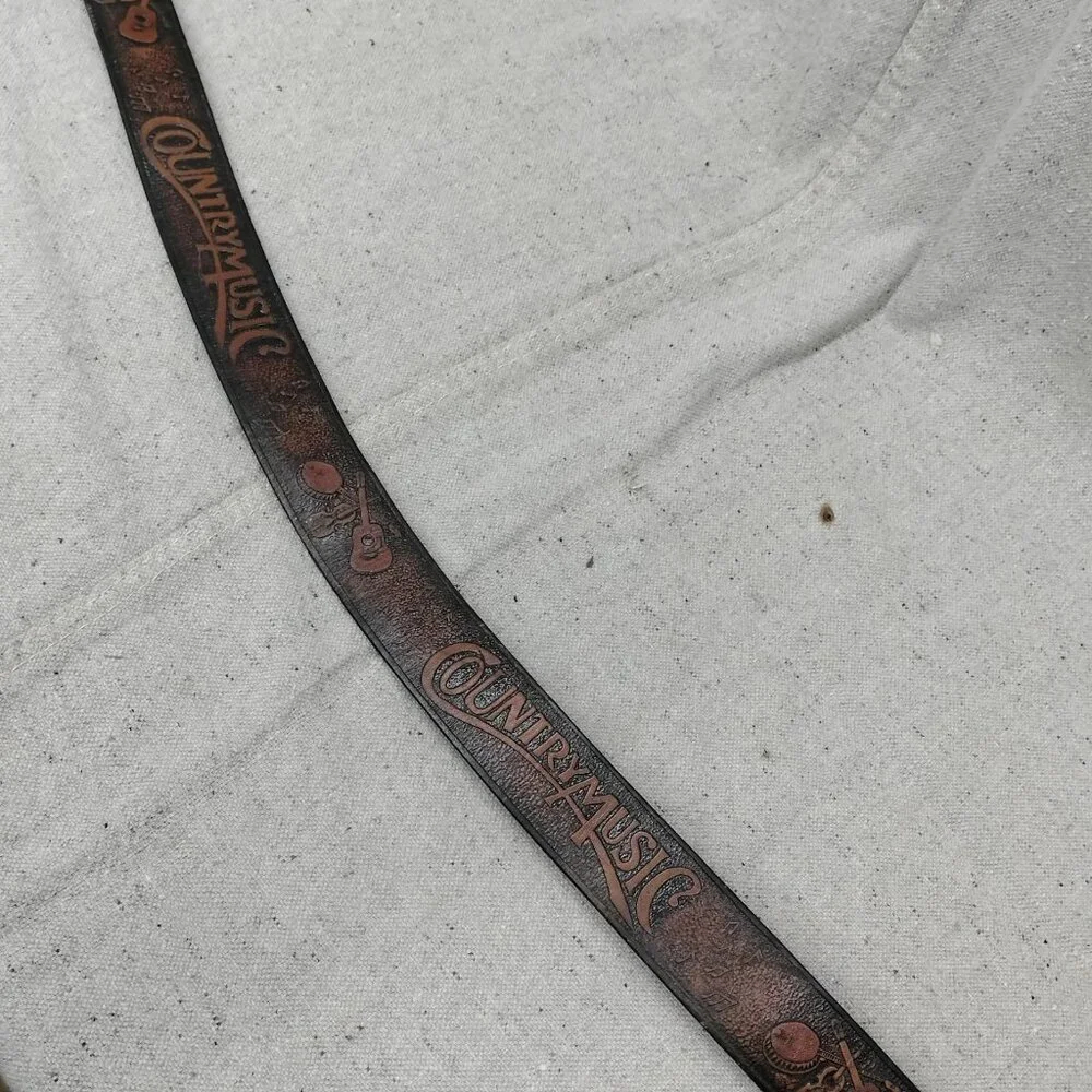 Vintage 80s Tooled Guitar Banjo Fiddle Country Music Brown Leather Belt XS Small